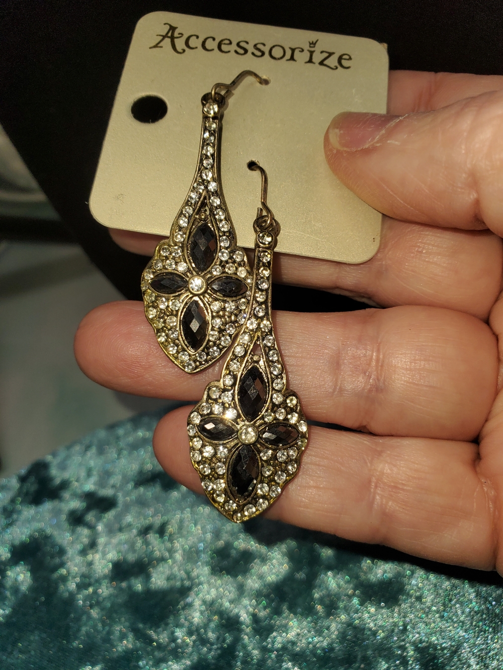 Accessorize Gold-Tone Drop Earrings with Black and Clear Stones